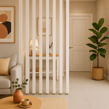 Separadores de ambiente en madera natural con pie metálico
